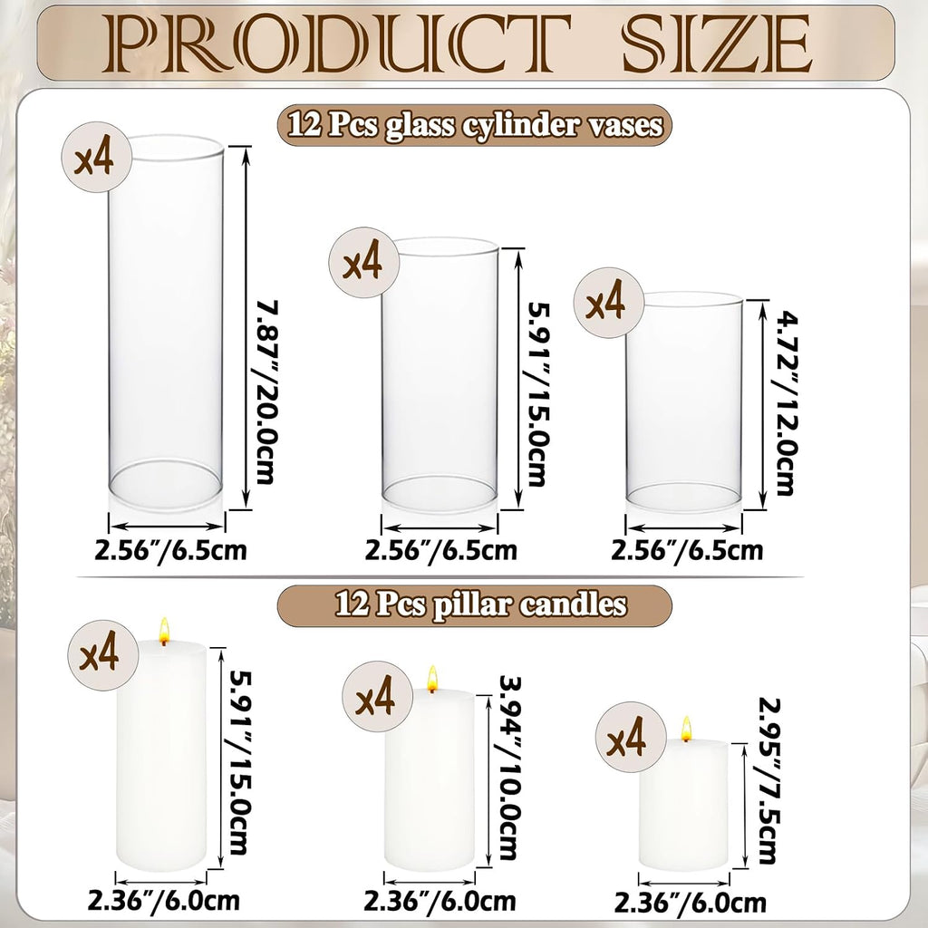 24 Pcs White Pillar Candles and Glass Cylinder Vases Clear Glass Pillar Candle Holders Hurricane Glass Candle Holders for Table Centerpieces Wedding, Party, Event, Home Office