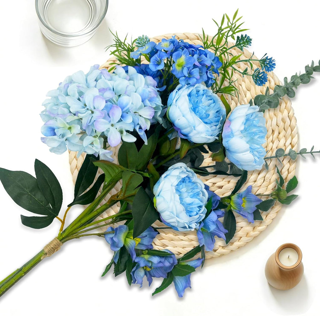Artificial Flowers Bouquet – Fake Silk Hydrangea Peony and Eucalyptus Mix, Faux Flower Arrangements for Home, Office Decor and Dining Table Centerpieces (Blue)