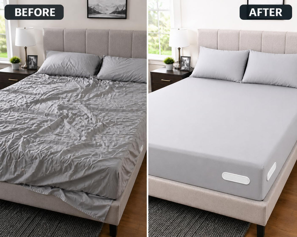 Bed Sheet Holders for Corners 4-Pack Lock Fitted Sheet Holder Set with Sheet Straps & Easy Tucker Tool, Universal Bed Sheet Clips for All Mattress Sizes, Non-Slip ABS, White