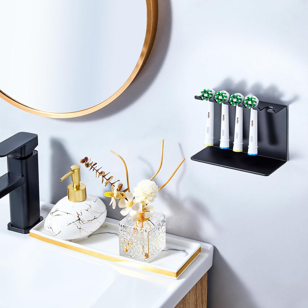 Electric Toothbrush Head Holder, Tooth Brushing Holder, Wall Mounted Toothbrush Holders Shower Bathroom, Self Adhesive or Desktop Tooth Brush Holder Organiser (Black, Medium)