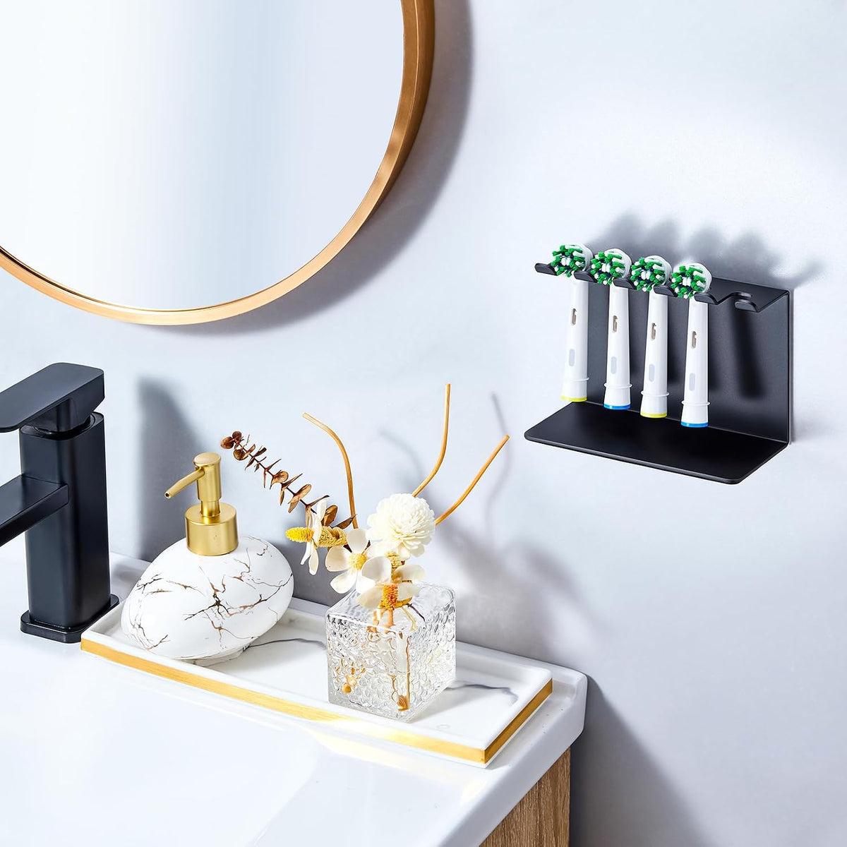 Electric Toothbrush Head Holder, Tooth Brushing Holder, Wall Mounted Toothbrush Holders Shower Bathroom, Self Adhesive or Desktop Tooth Brush Holder Organiser (Black, Medium)