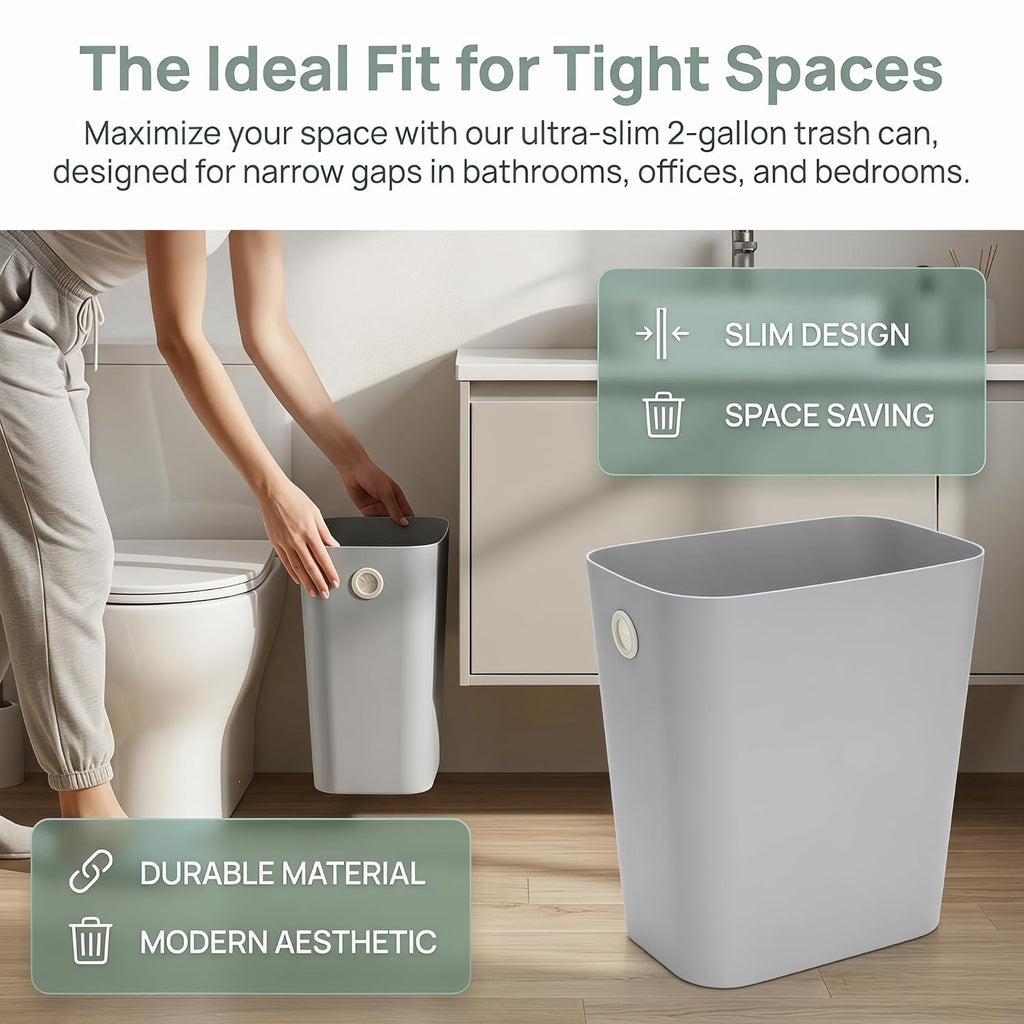 Jucoan 4 Pack 2 Gallon Small Plastic Trash Can, Slim Narrow Garbage Can Wastebasket for Bathroom, Office, Bedroom, Toilet, RV, Near Desk, Under Sink, Secure Trash Bag Hole Design, Open Top, No Lid