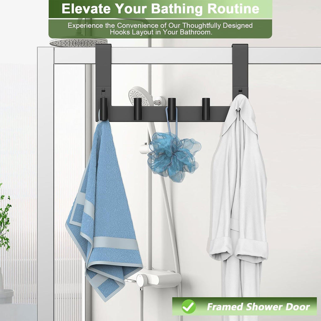 Stainless Steel Over The Door Hooks Heavy Duty, Bathroom Towel Holder Door Mount Coat Rack Towel Rack for Bedroom, Doors Hangers Towel Hooks for Bathroom Dorm Essentials (1 Pack,Black-5 Hooks)