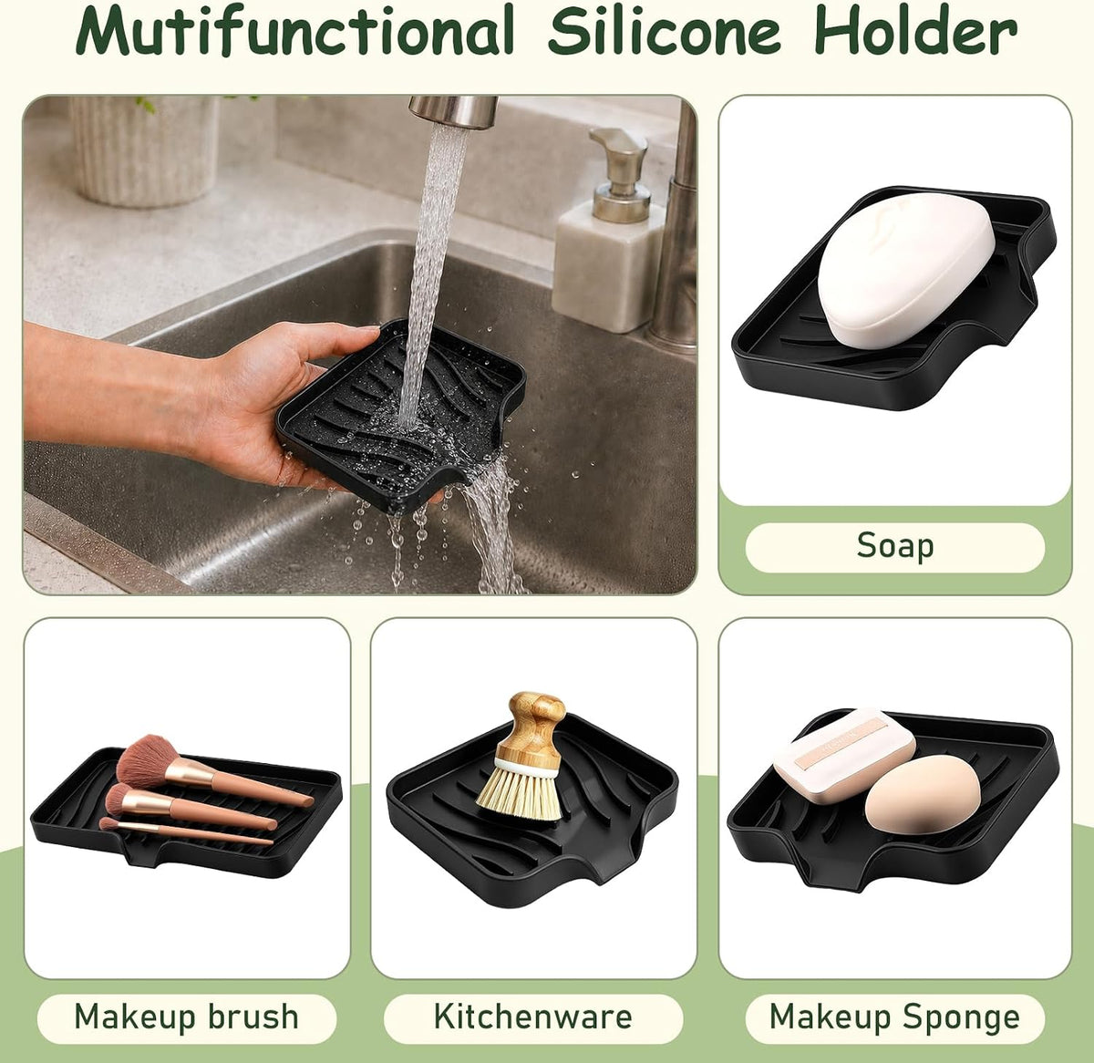 Silicone Soap Dish with Drain Spouts, Bar Soap Holder, Self-Draining Sink Organizer Kitchen Sponge Tray, Non-Slip Dispensers for Bathroom, Kitchen (Black, 2 Short)