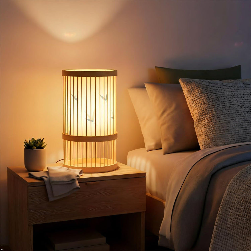 AFORTLO Table Desk Lamp,Janpandi Bamboo Boho Decorative Nightstand Night Light Japanese Hollow-Out Lamp Home Decor for Bedroom,Living Room,End Table or Office with Bulb(Bamboo Leaves)
