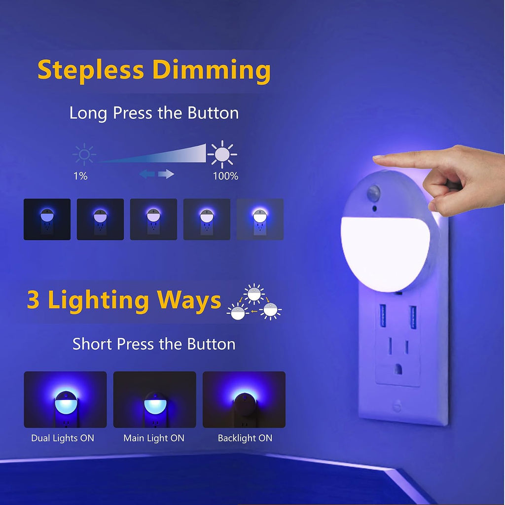 YUNLEX Blue Night Lights Plug into Wall, Motion Sensor, Dimmable, 2 Pack