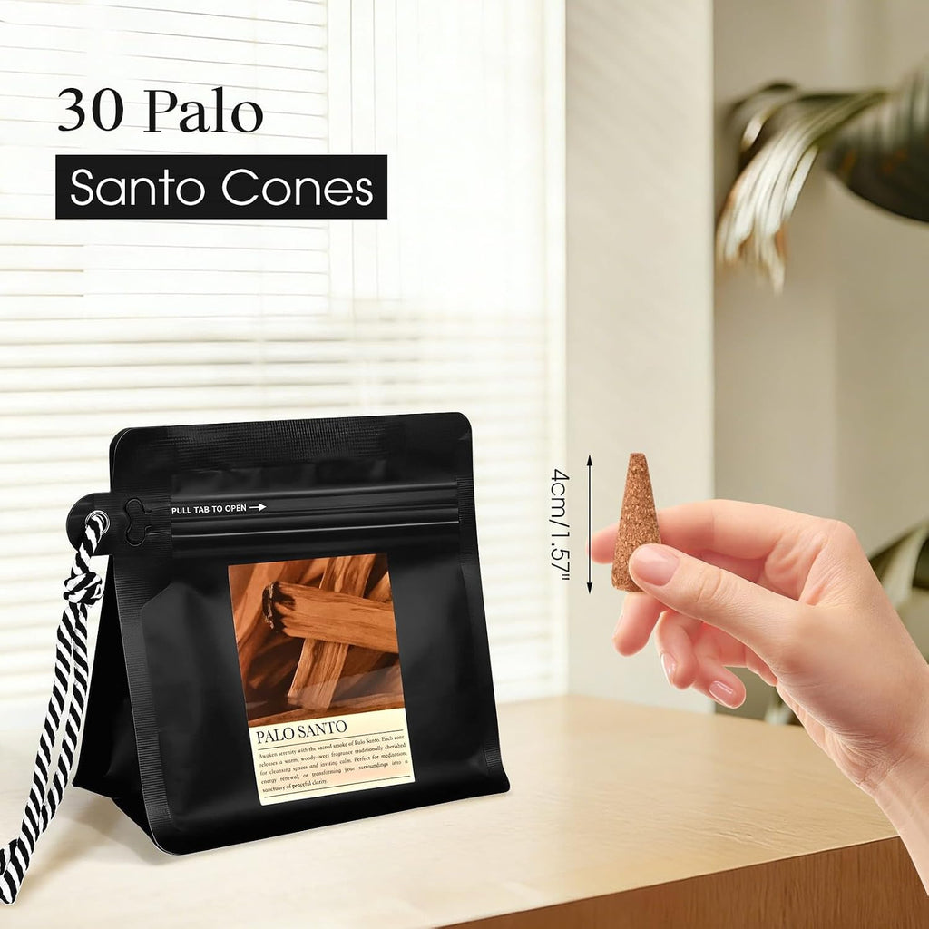 Palo Santo Incense Cones 30 Pcs with Holder - Natural Scent for Meditation & Space Cleansing