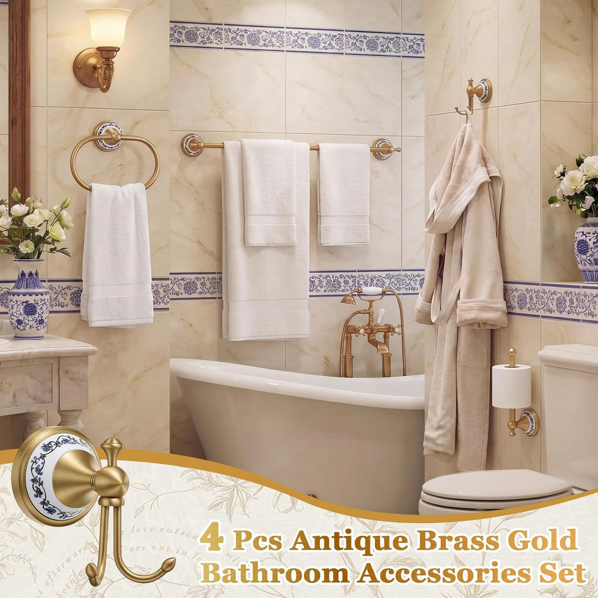 4 Pcs Antique Brass Gold & Porcelain Bathroom Accessories Set, Wall-Mounted Towel Rack & Towel Ring & Toilet Paper Holder & Robe Hook, Vintage Chinese Style Brass Bath Hardware Fixture Set