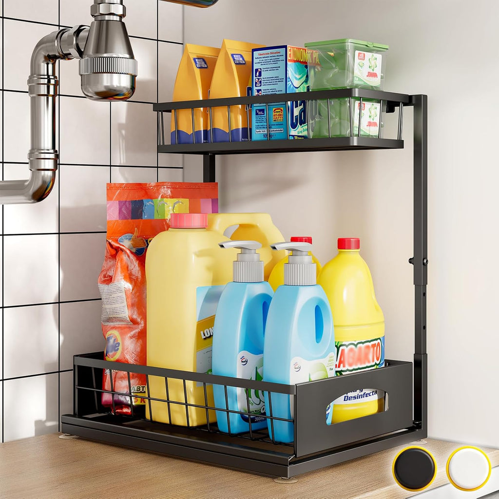 Under Sink Organizer, 1-Pack L-Shaped Metal Pull-Out Drawers for Kitchen