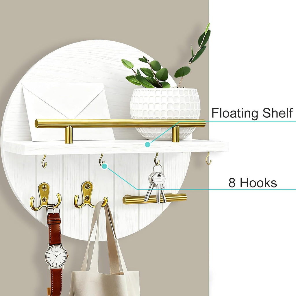 Round Wooden Key Holder Wall Mount with Shelf & 8 Key Hooks for Entryway