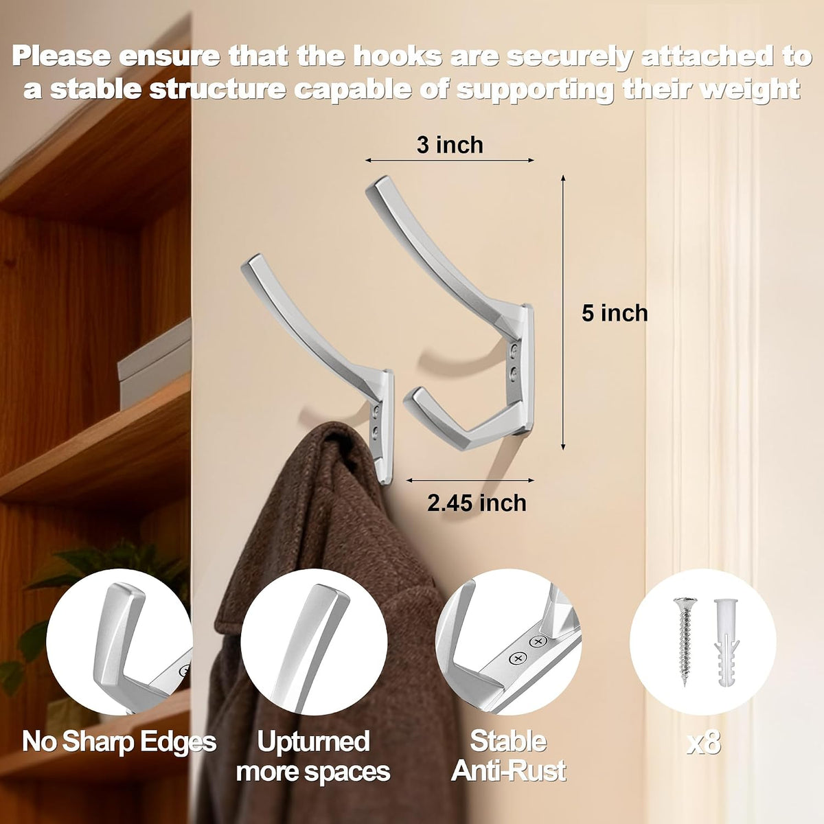 Heavy Duty Wall Hooks, 5 Inch Large Wall Mount Hooks for Hanging Heavy Backpacks, School Bags, Winter Coat, Handbags, Purses in Entryway, Hallway, Garage, Bathroom, Laundry (4, Silver)