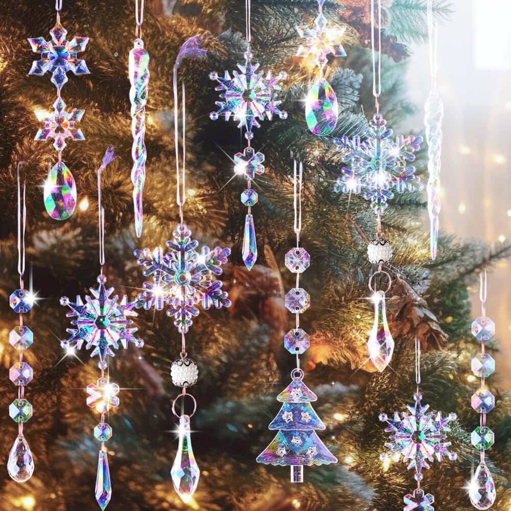 Lanpn 26pcs Christmas Ornaments Crystal Christmas Tree Decoration, Iridescent Hanging Clear Acrylic Snowflake Icicle Pendants Drop for Xmas Winter Outdoor Indoor Party Decoration Supplies Colorful