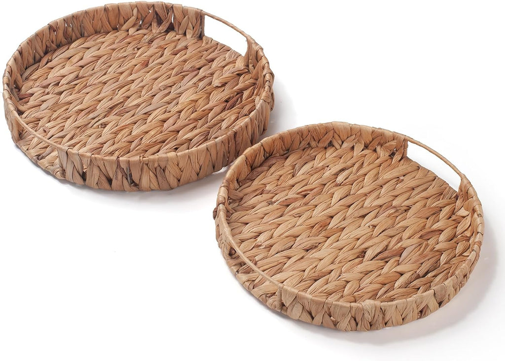 Round Serving Tray for Coffee Table Water Hyacinth Decorative Ottoman Tray with Handle Set of 2 (11.8inch + 13.4inch)