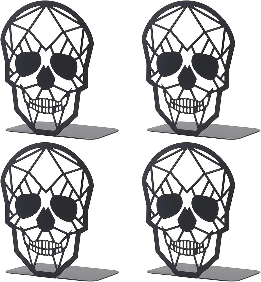 2 Pairs Black Skull Design Bookend Metal Book Ends, Heavy Duty Bookends for Shelves Desk, Skull Book Shelf Holder for Heavy Books, Decorative Desktop Organizer Home Office