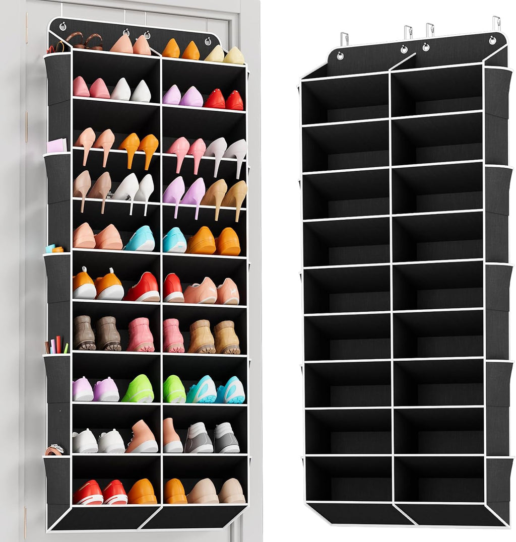 VTRIN 30 Pairs Over the Door Shoe Organizer, Large Capacity 10-Tier Hanging Shoe Organizer with 20 Deep Pockets for Sneakers Boots Heels, Space Saving Shoe Rack for Door with 10 Side Pockets, Black