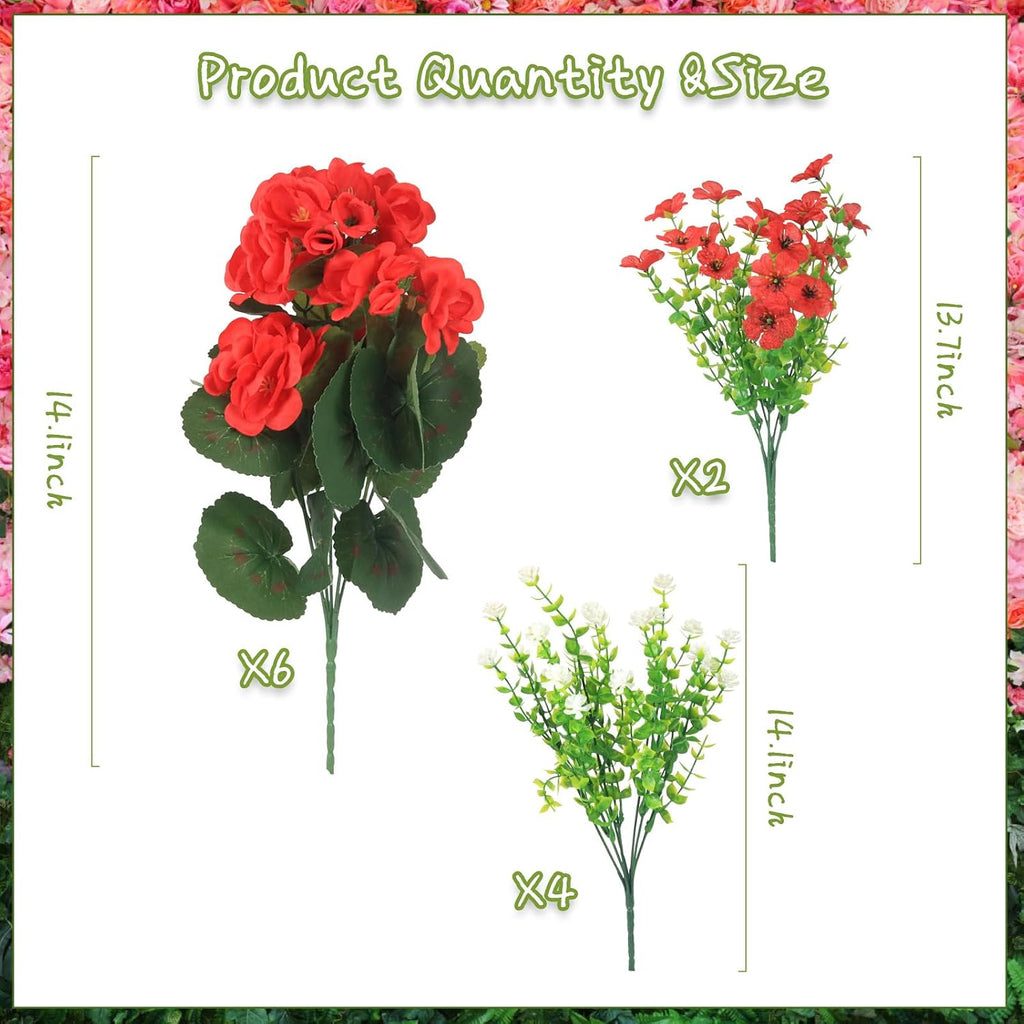 Olatay 12 Bundles Mixed Color Artificial Flowers for Outdoor, Artificial Geraniums Flowers for Outdoor, UV-Resistant Fake Geraniums for Porch, Balcony, Garden, Indoor Decoration (Red)