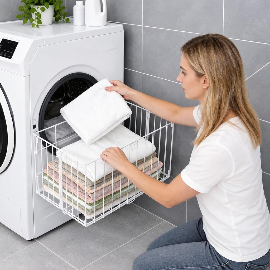 Magnetic Collapsible Laundry Basket, Foldable Metal Laundry Hamper for Washing Machine Side, Space Saving Pop Up Hamper, Laundry Room Organization and Storage (White)