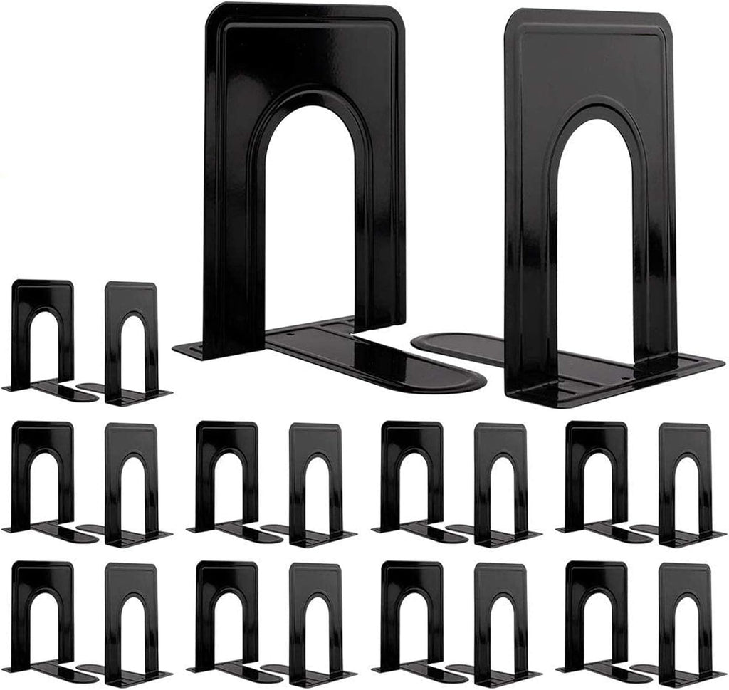 Metal Bookends 20 Pack Black Heavy Duty Nonskid Supports 6.6in | Black Metal, 10 Pairs, Plain L-Shape Design, Nonskid Supports, for Heavy Books Home Office School and Library Shelves