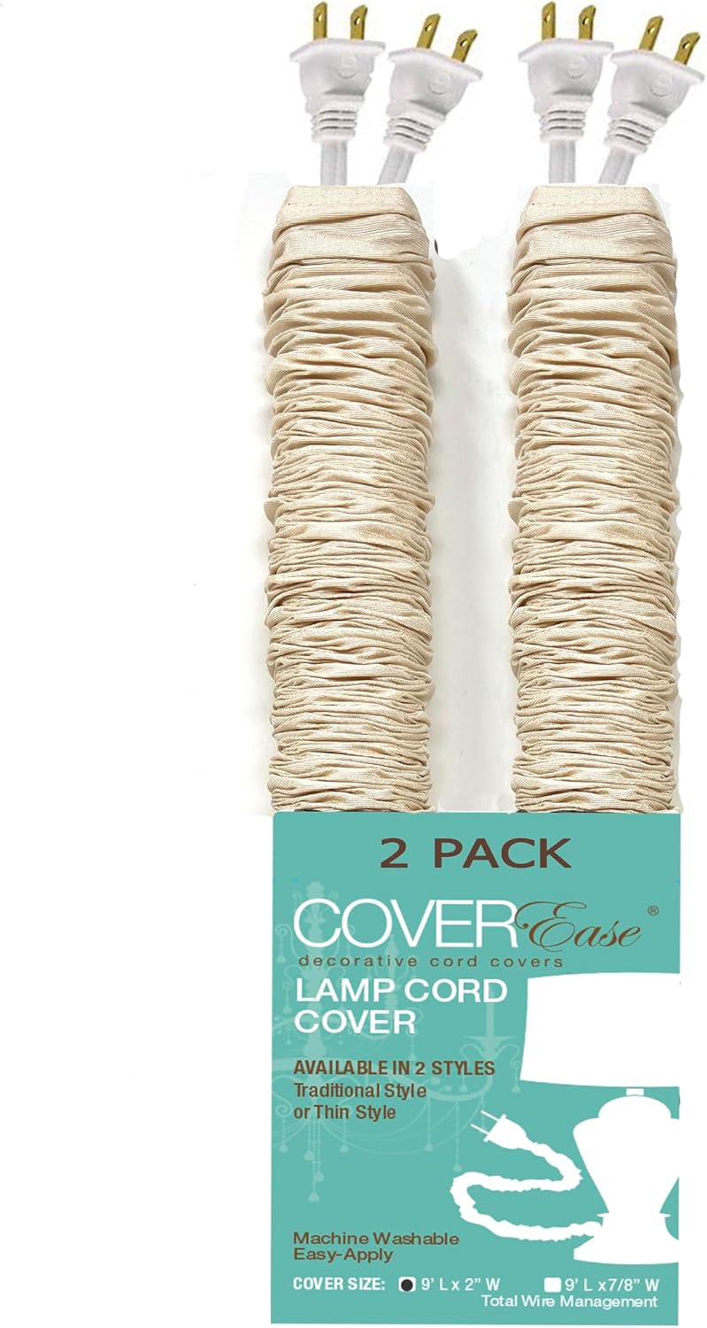 Cream COVEREase Cord Cover 9 ft Faux Silk Fabric Lamp Cord Cover - Cable Sleeve, Wire Cover, Cord Hider for Cable Management for Electrical Lighting Fixtures (2 Pack)