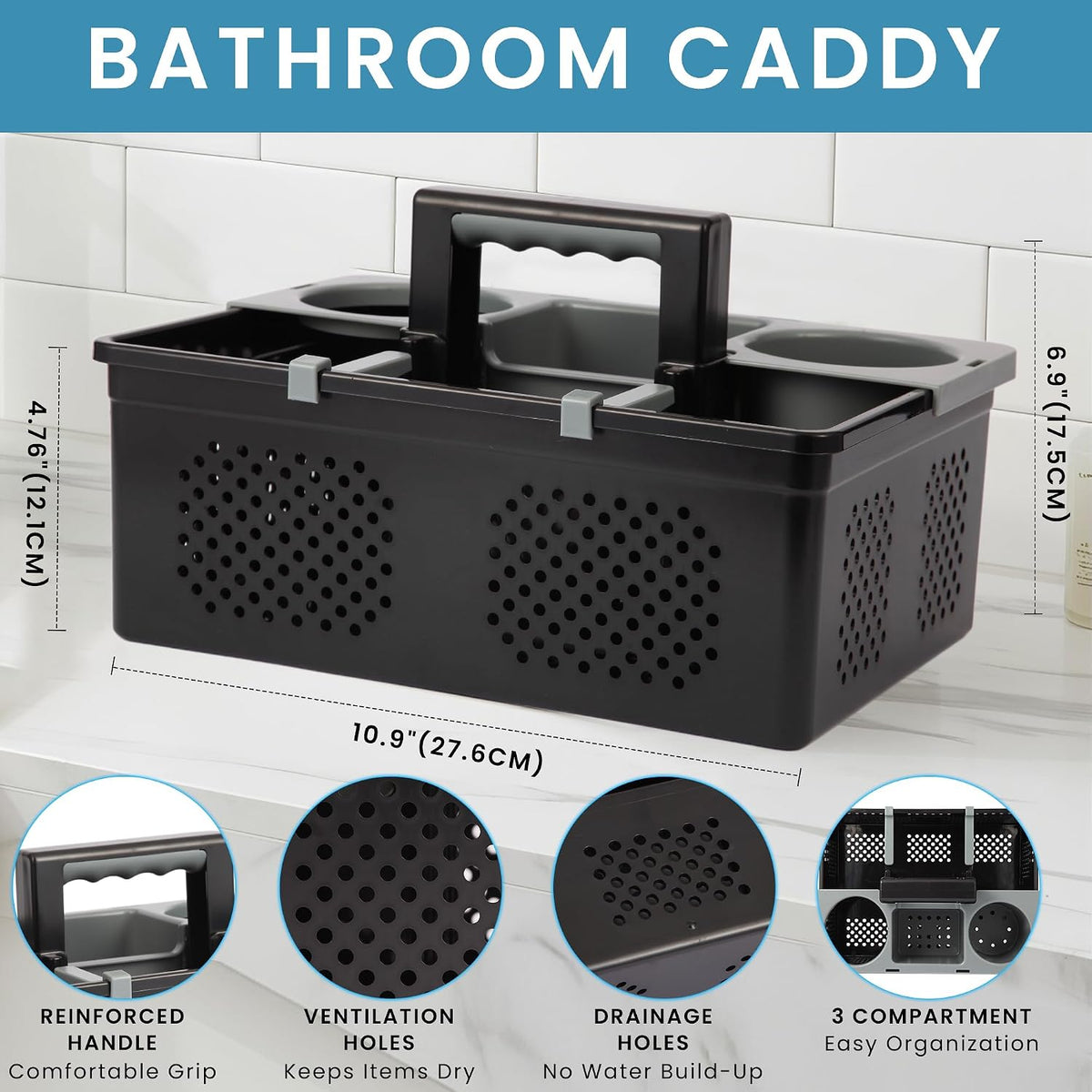 KMV Portable Shower Caddy Dorm: Features handles and adjustable compartments，Ventilation and Drainage Hole Design Cleaning Basket，ideal for toiletries， Essential for college dorms-black