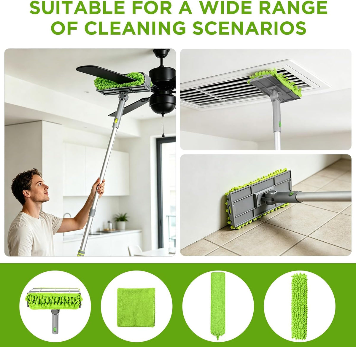 Extendable Fan Duster Set with 72 Inch Handle,Reusable Brush Cloths, for Ceiling Fan, Blinds & Baseboards