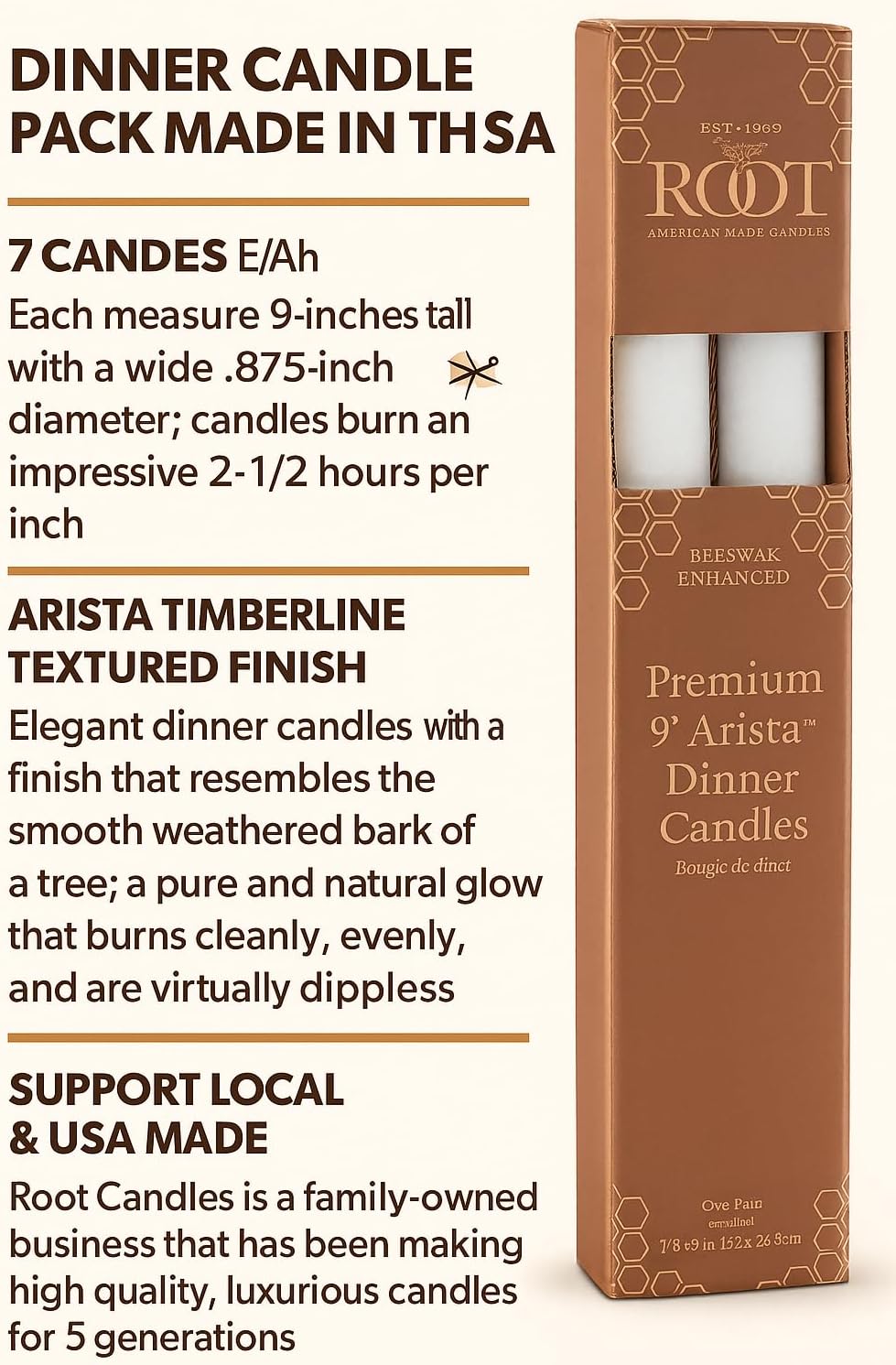 Root Candles 2-Count Unscented Dinner Candles Rustic Dripless Beeswax Blend Timberline Arista Candles, 9-Inch, White