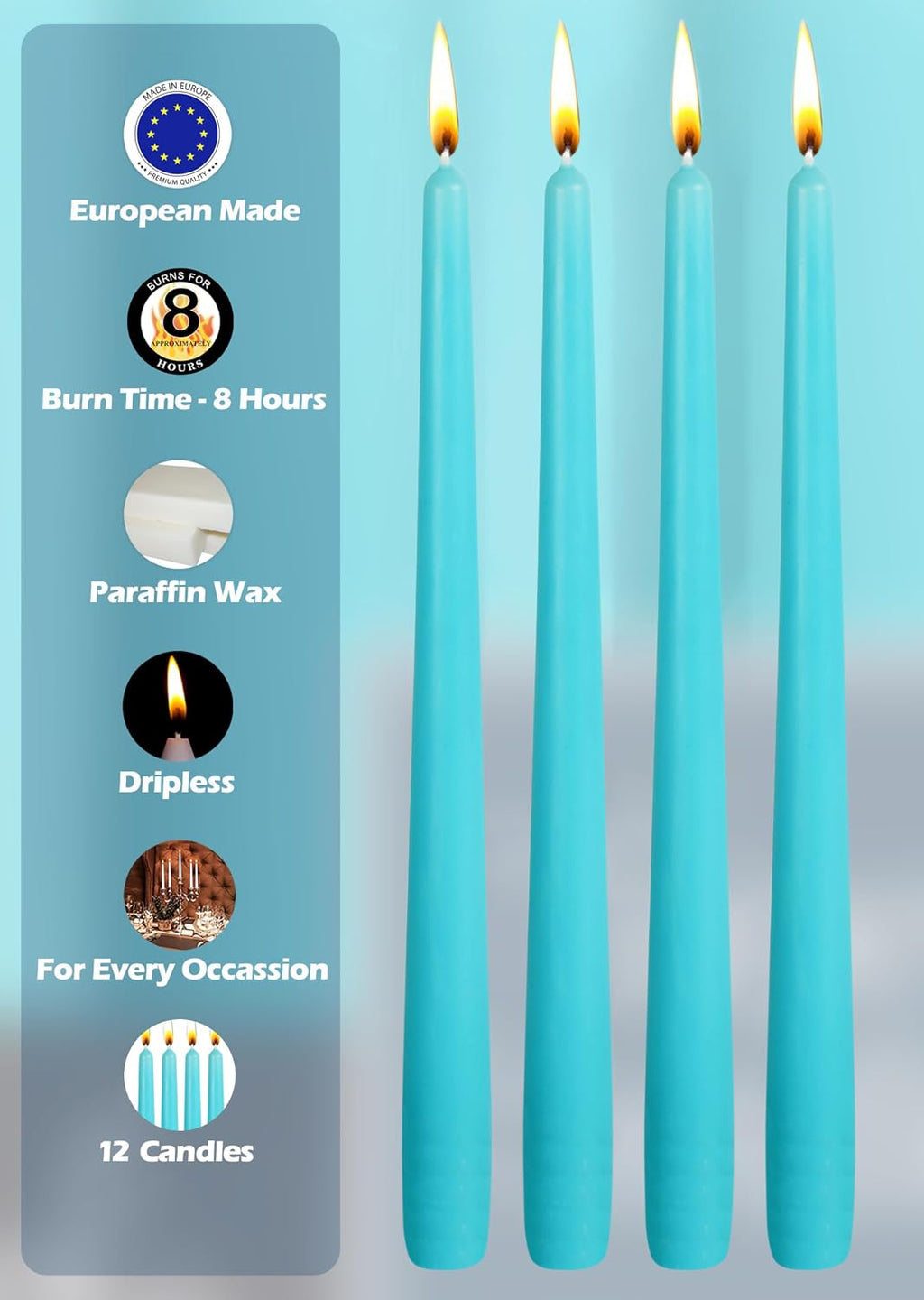 Hyoola Tall Taper Candles - 10 Inch Turquoise Dripless, Unscented Dinner Candle, Paraffin Wax with Cotton Wicks - 8 Hour Burn Time, Blue (Pack of 12)