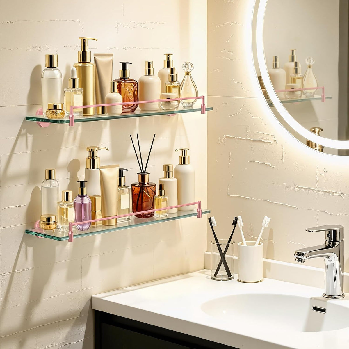 24 Inch Glass Bathroom Shelf,Pink Hanging Shelves for Wall