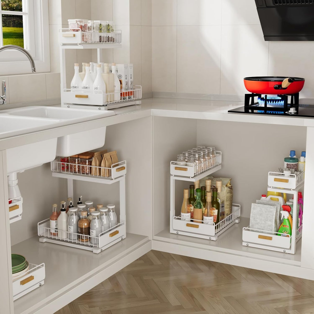 Under Sink Organizer Kitchen - Upgraded Professional Rails, 2 Tier Dual Pull Out Cabinet Storage, Height Adjustable Under Sink Storage, Metal Sliding Drawer for Kitchen & Bathroom, White, 1 Pack