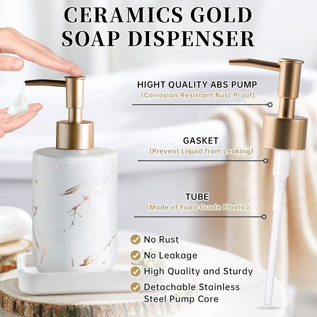 Gold Soap Dispenser, Dish Soap Dispenser for Kitchen Liquid Soap Pump Dispenser for Shower, Ceramics Refillable Hand Soap Lotion Dispenser, Shampoo Lotions Bottle for Bathroom, 10.5 OZ (White).