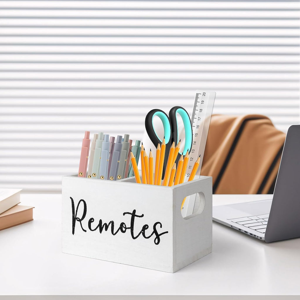 Remote Control Holder, Wooden TV Remote Holder for Table, Remote Caddy Organizer with 2 Compartments, Media Storage Box for Nightstand, Couch (White)