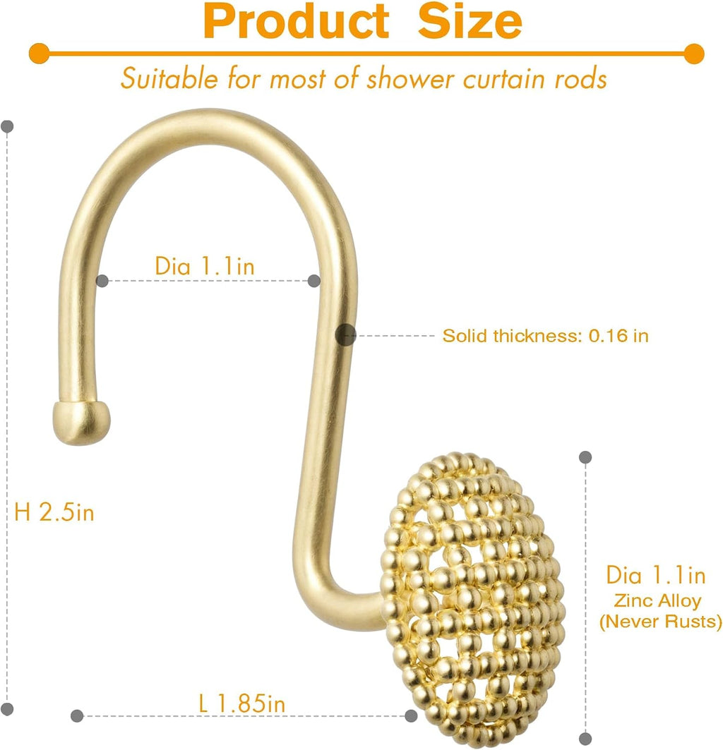 Pearlbee Gold Shower Curtain Hooks, 12Pcs Rustproof Heavy Duty Zinc Alloy