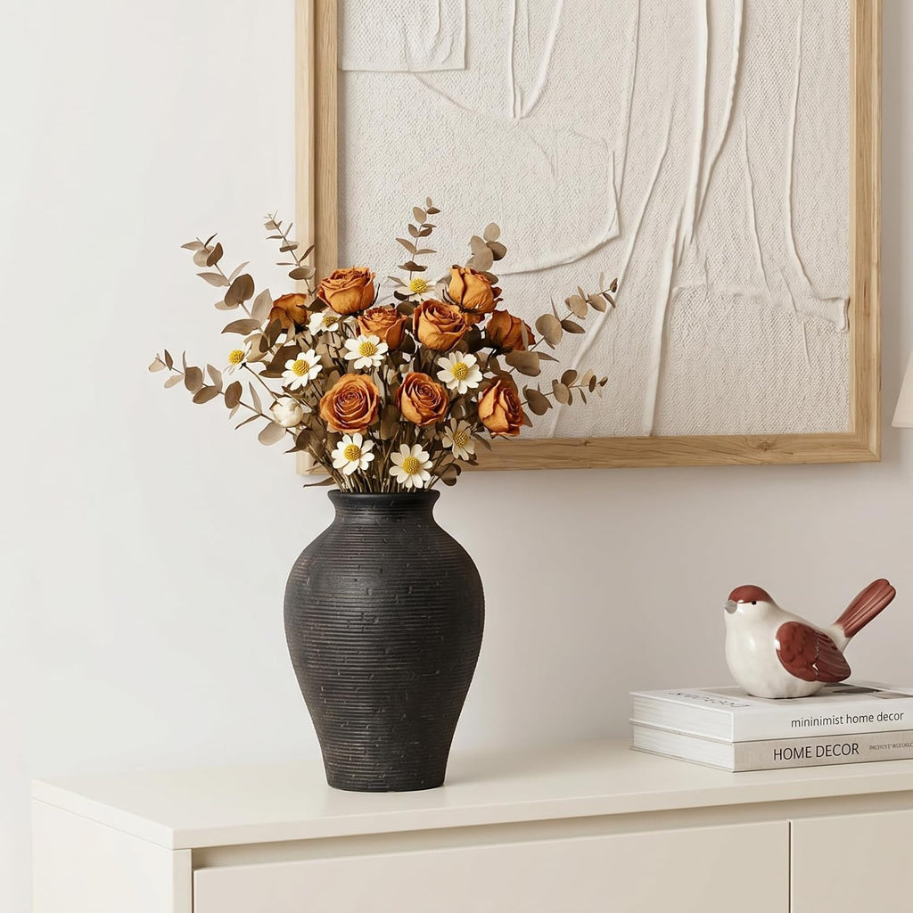 9.06 Inch Tall Vintage Ceramic Flower Vase, Rustic Farmhouse Vase for Home Decor, Distressed Decorative Terracotta Vase for Table Centerpiece Living Room Bathroom Bedroom (Black-9.06'')