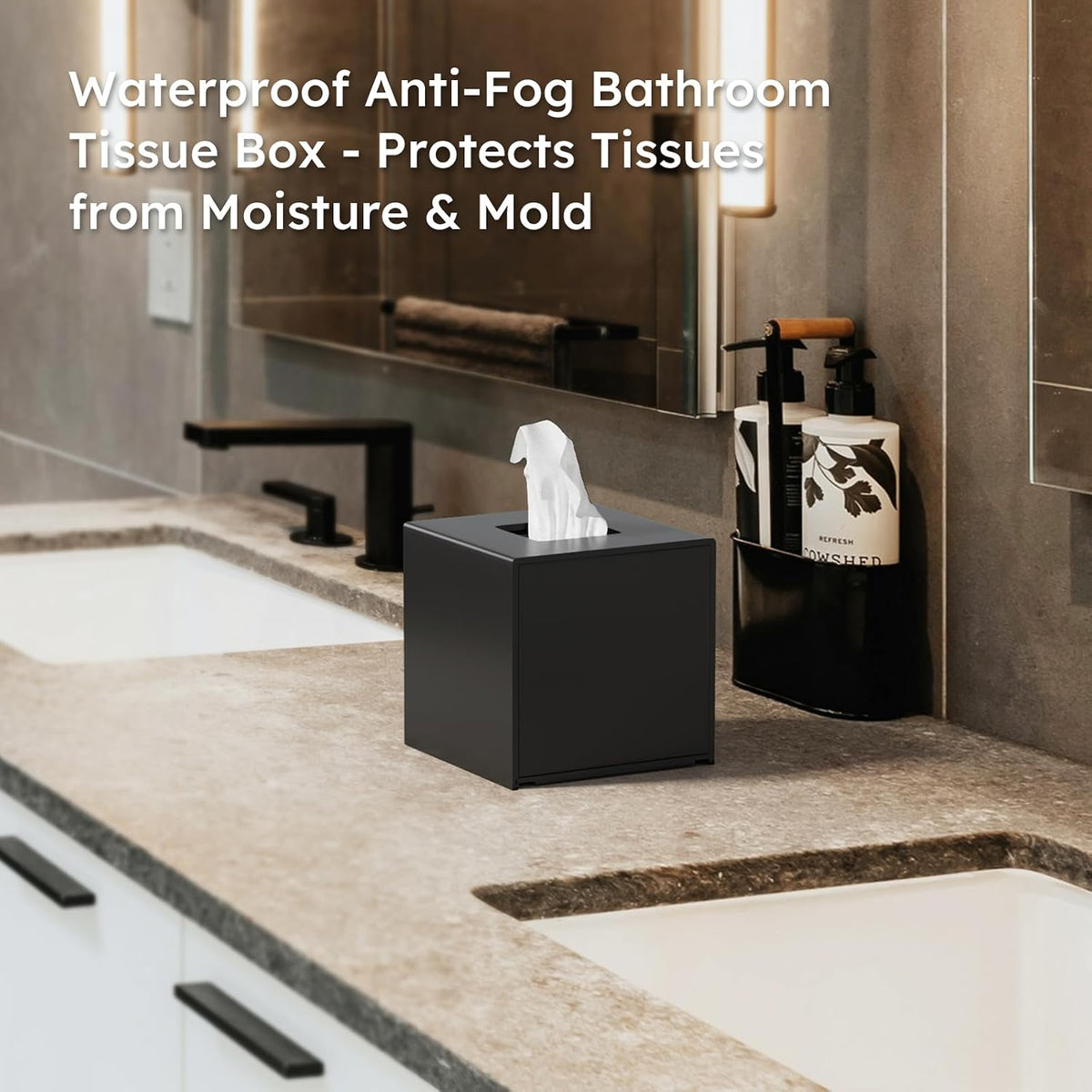 FEMELI Acrylic Square Tissue Boxs Covers Matte Black for Bathroom