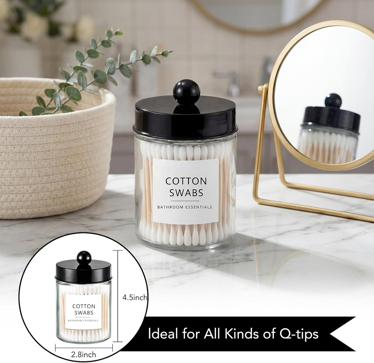 Amolliar Glass Apothecary Jars Qtip Holder w/Plastic Lids,Black 2pc