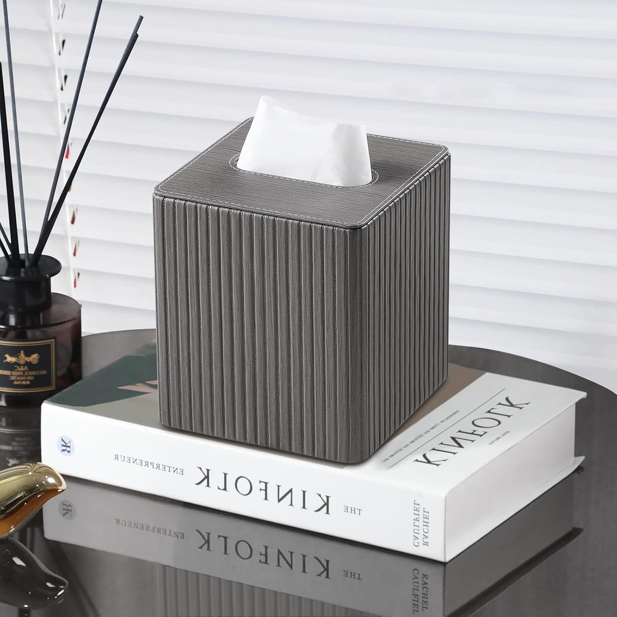 PU Leather Tissue Box Cover, Square Tissue Holder (Slate Grey)