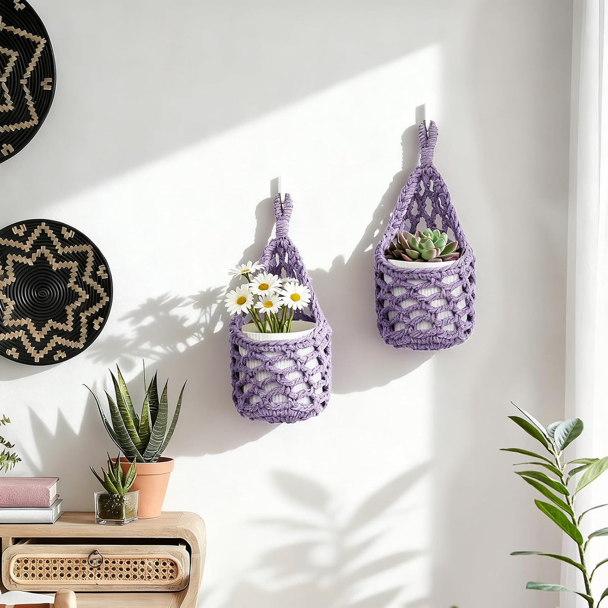 Macrame Wall Plant Hanger, Small Hanging Planter Basket Holder, Wall Planters for Indoor Plants, for Up to 4 Inch Pot (Purple, 4-Inch)