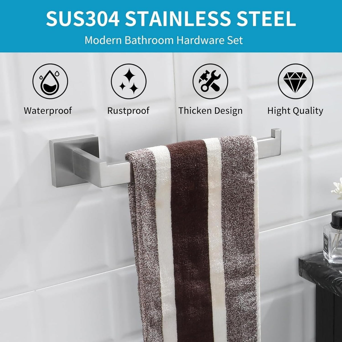Bathroom Hardware Set Brushed Nickel,16 inch 5-Piece Towel Bar Wall Mount Modern Bathroom Accessories Include Towel Rack,Toilet Paper Holder,2*Robe Hook