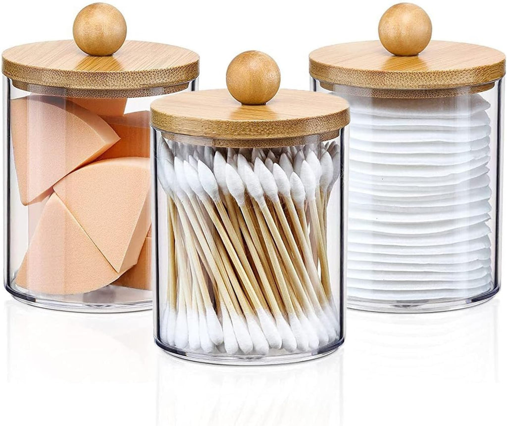 3Pack Acrylic Qtip Holder Dispenser with Wood Lids, Bathroom Organizer