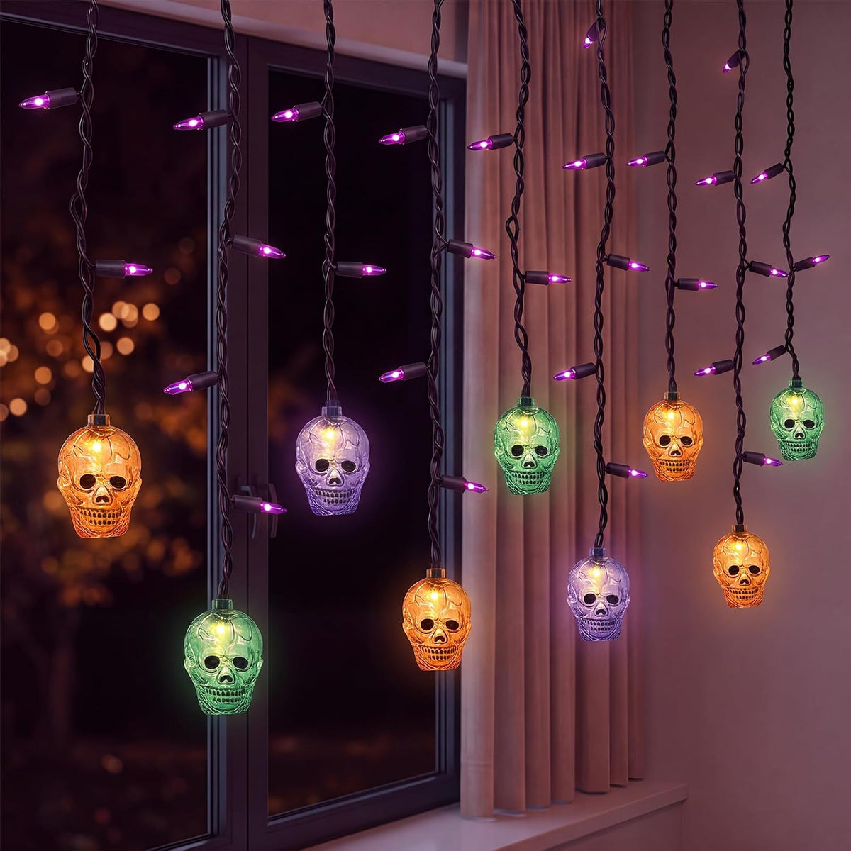 SUNSGNE 7FT 50 Count LED Halloween Skull Curtain Lights, Plug-in