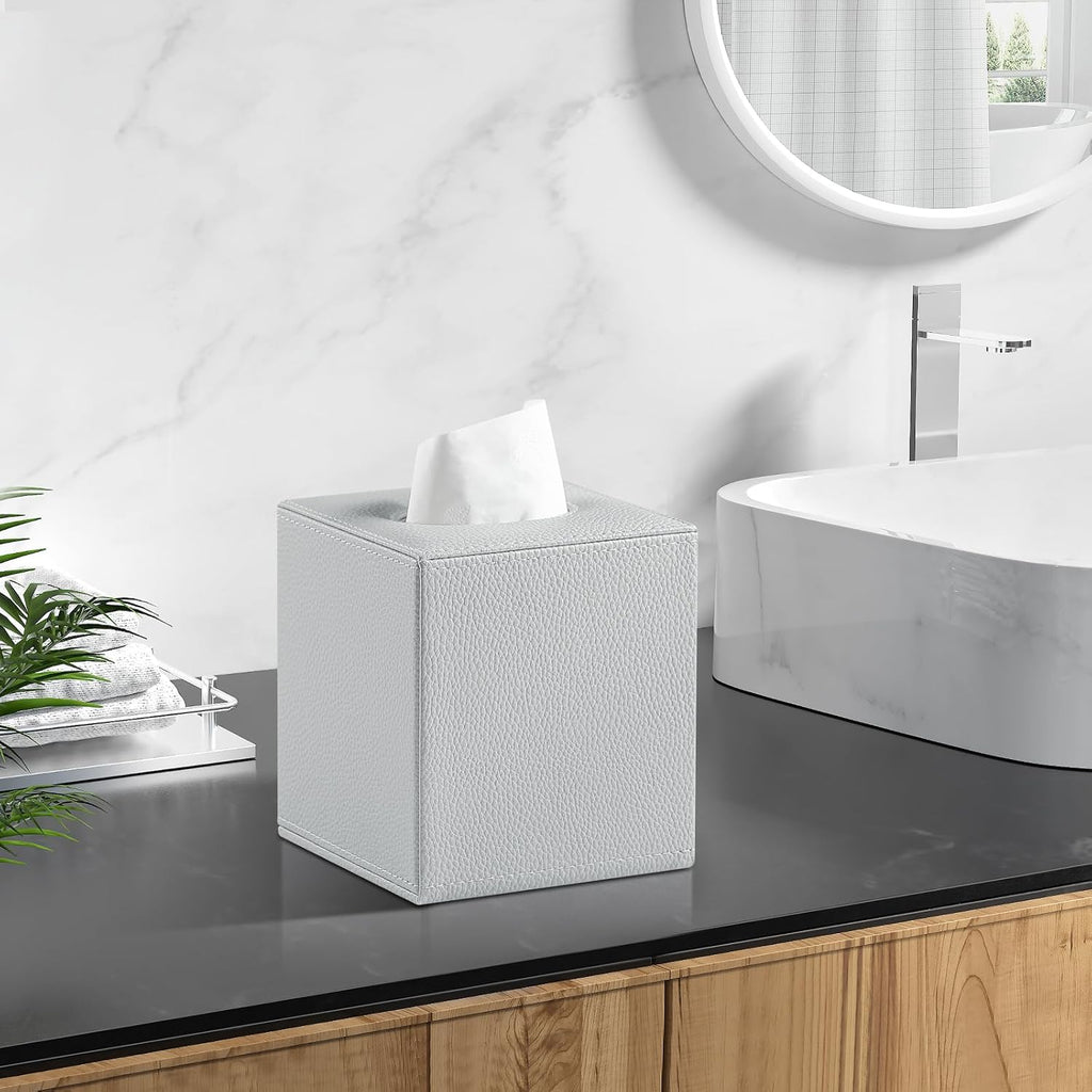 Square Tissue Box Cover with Magnetic Closure Bottom, Grey