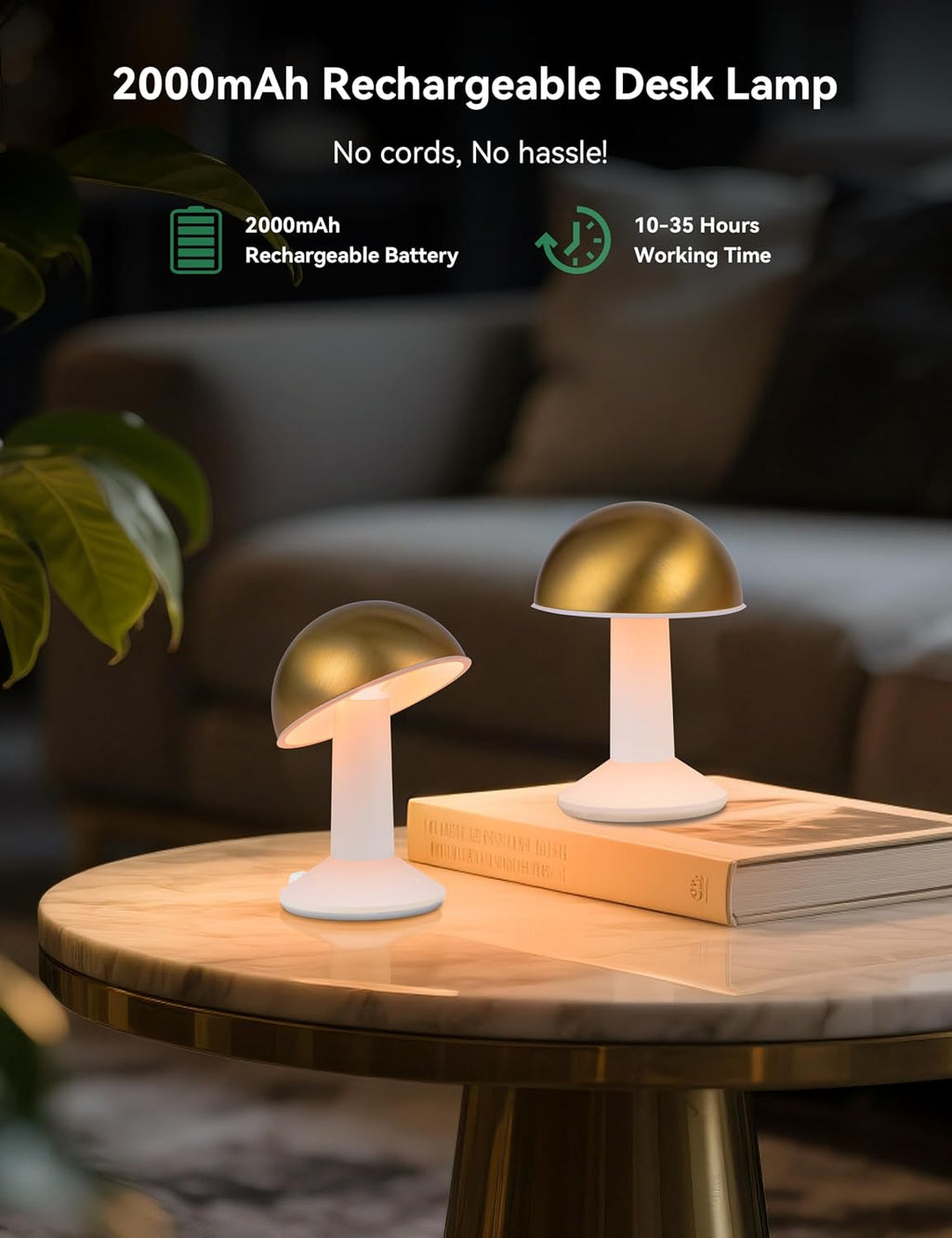 Tubicen 2 Pack Rotatable Mushroom Table Lamp Gold Cordless Bedside Lamp