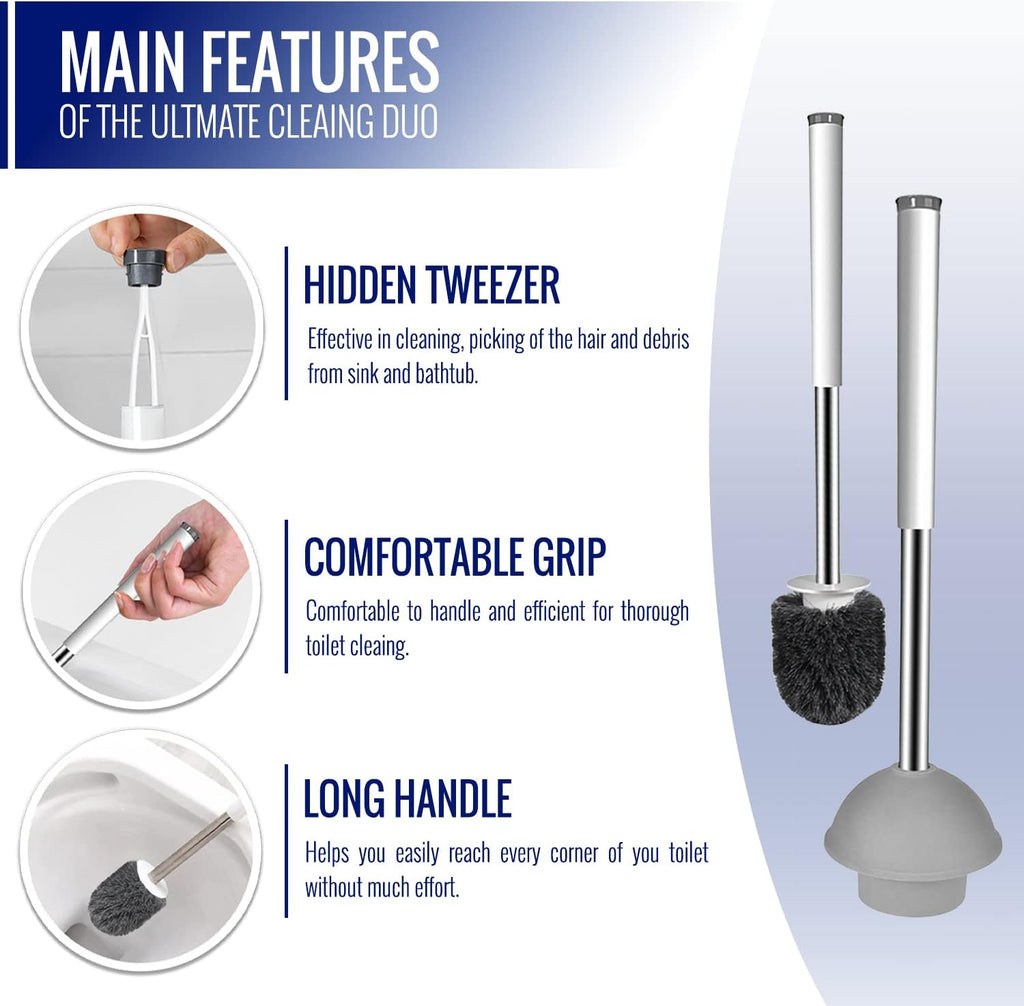 True Fresh Toilet Brush and Plunger Set with Holder Caddy -Stainless Steel Brush and Toilet Plunger for Heavy Duty -2-in-1 Scrubber Combo with Hidden Tweezer & Extendable Plastic Handle