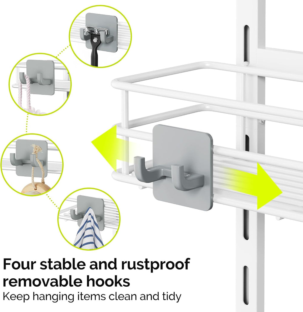 Orimade Over The Door Shower Caddy Adjustable 3 Tier White,Bathroom Hanging Organizer Shelf Rustproof with 4 Hooks,Shower Basket with Soap Holder and Suction Cup