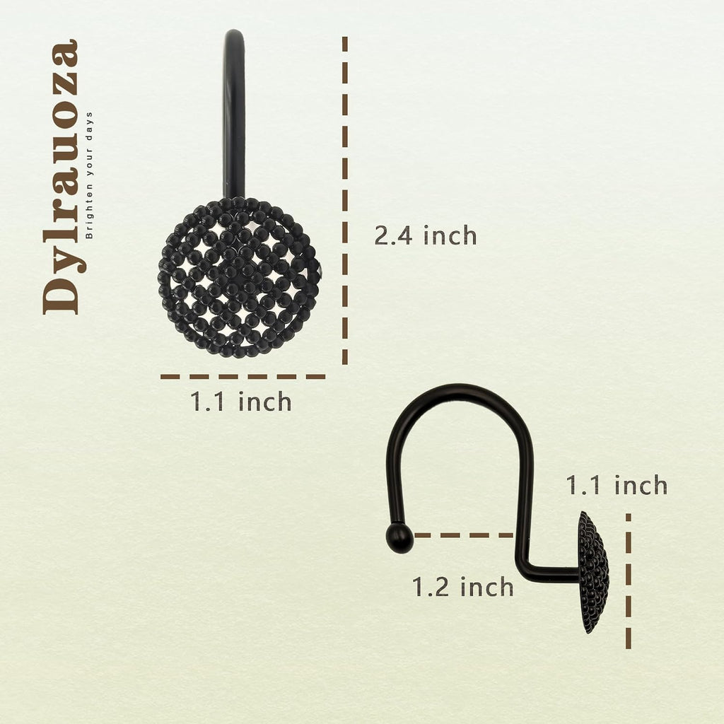 Black Shower Curtain Hooks, 12 Pack Modern 3D Beaded Decorative Shower Curtain Rings, Rust Proof Heavy Duty Metal Shower Hangers for Bathroom Rods