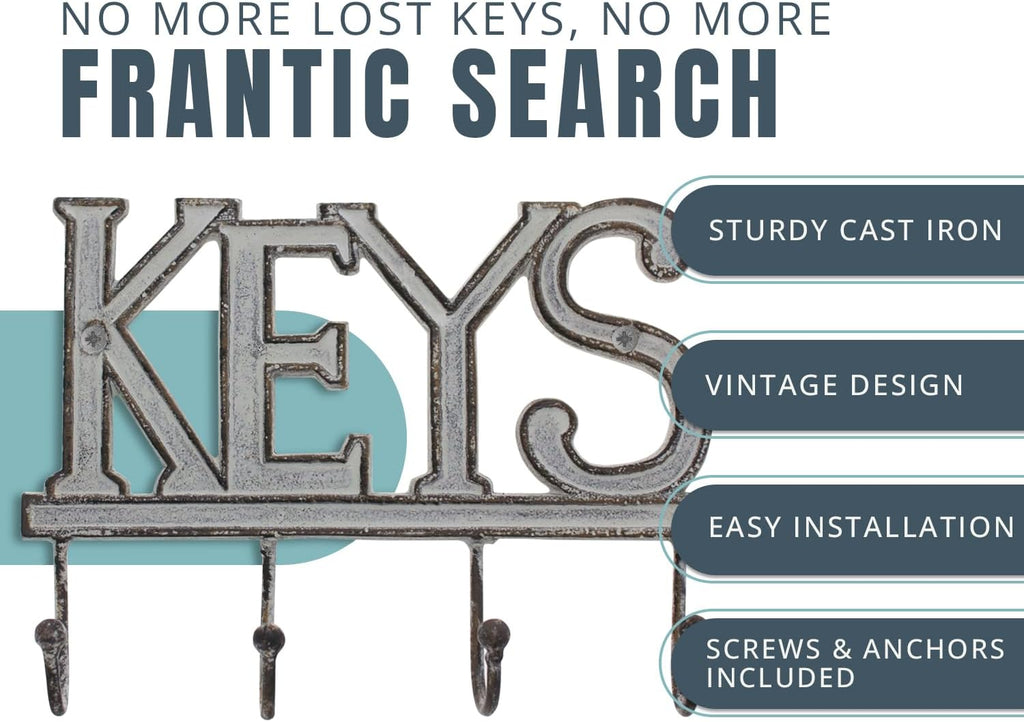 Comfify White Cast Iron Key Holder for Wall – Keys Sign with 4 Hooks