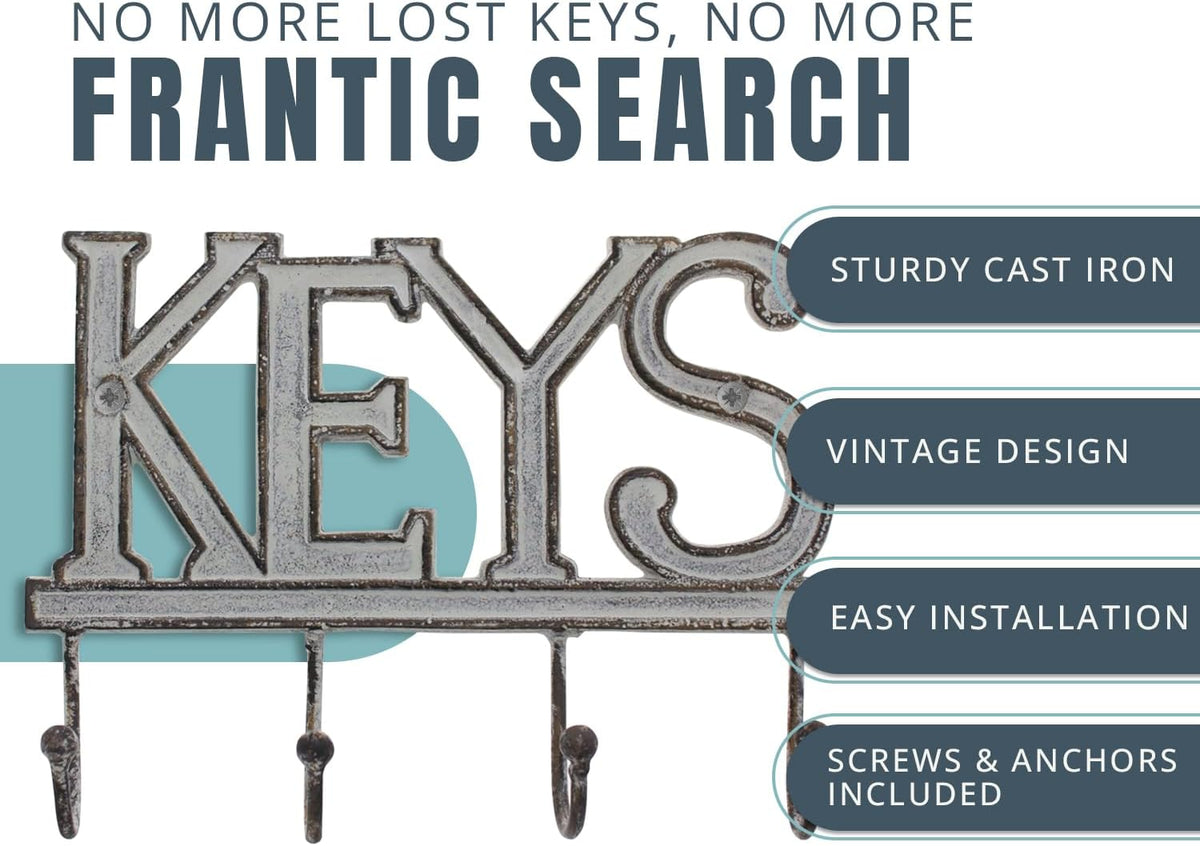 Comfify White Cast Iron Key Holder for Wall – Keys Sign with 4 Hooks