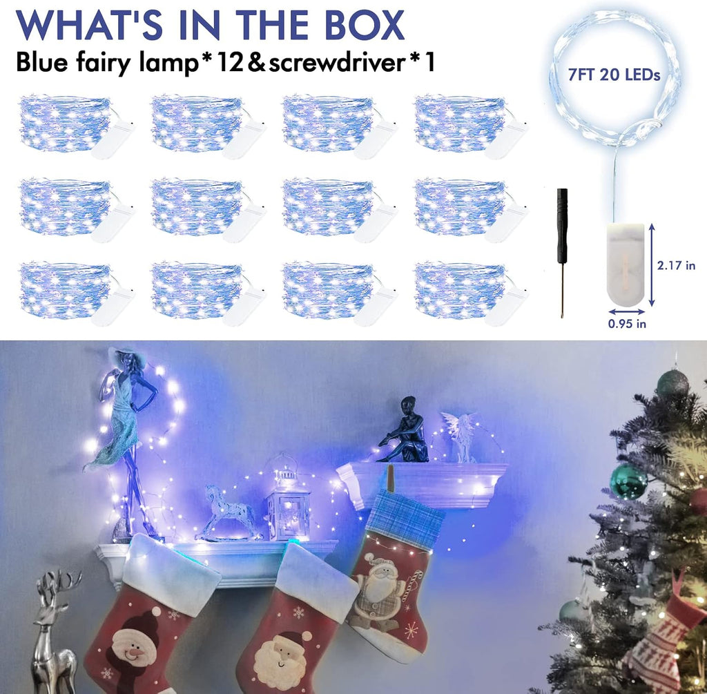 Bexdir 12 Pack 7FT Blue Fairy Lights Battery, 20LED String Lights