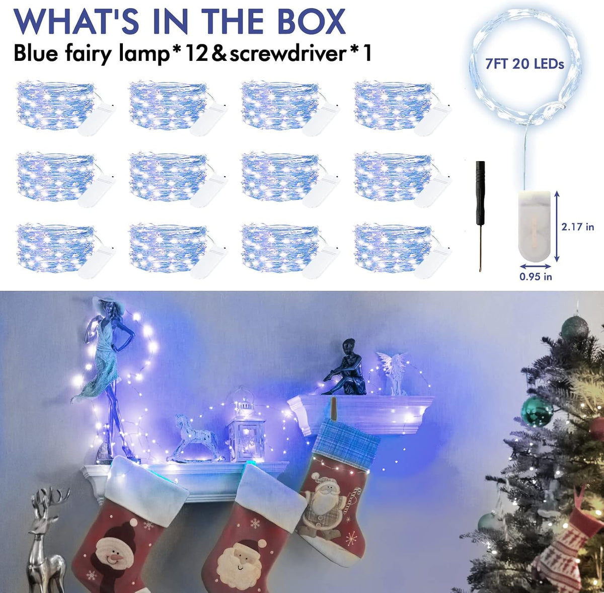 Bexdir 12 Pack 7FT Blue Fairy Lights Battery, 20LED String Lights