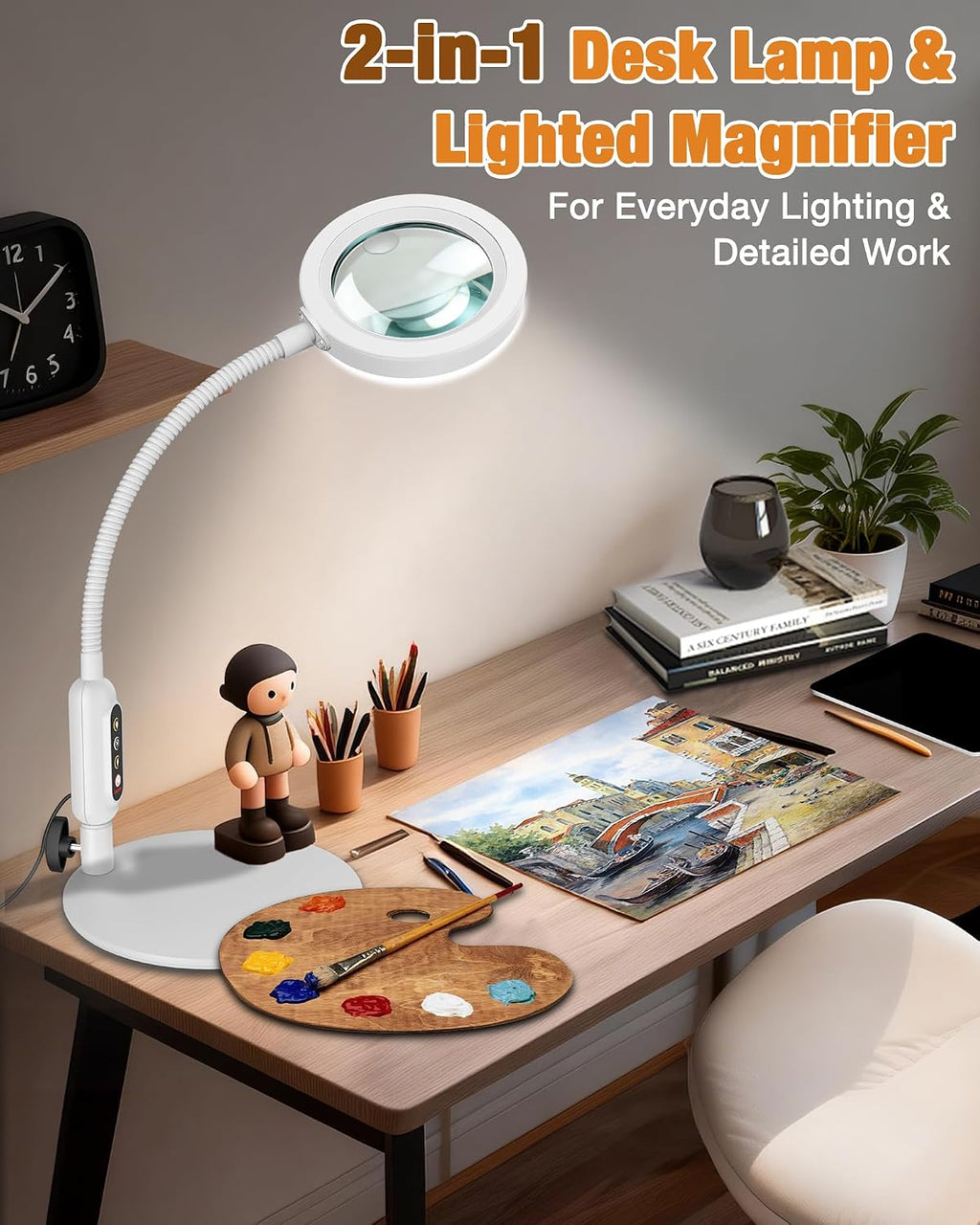 30X 10X Magnifying Glass with Light and Stand, 5 Color Modes Stepless Dimmable, Optical Grade HD Lens, LED Lighted Magnifier Hands Free with 20.5in Flexible Gooseneck for Close Work - White
